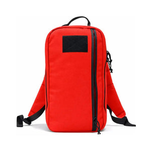 Red tactical backpack with black zipper and loop field for patches.