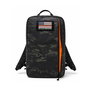 Black and gray camouflage backpack with a bright orange zipper and a "Recycled Firefighter" patch.
