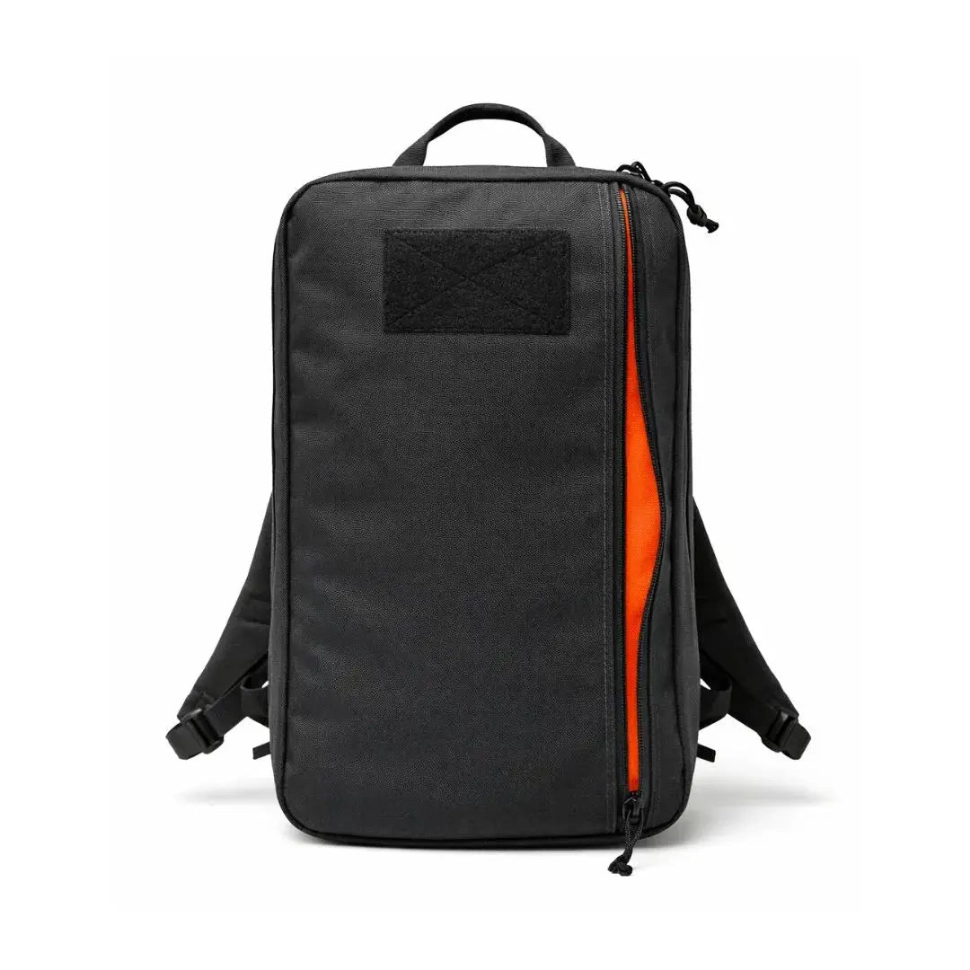 Black 24 Hour Backpack with bright orange interior and large front zipper