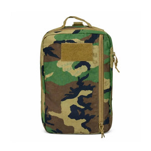 Camouflage utility pouch with tan zipper and loop field for patches.