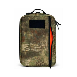 Camouflage backpack with orange interior and black patch area