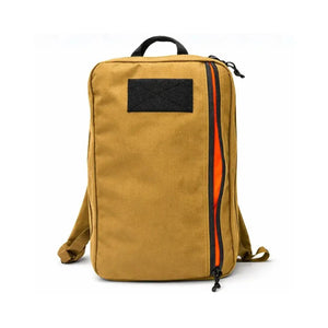 Brown Cordura backpack with orange interior zipper