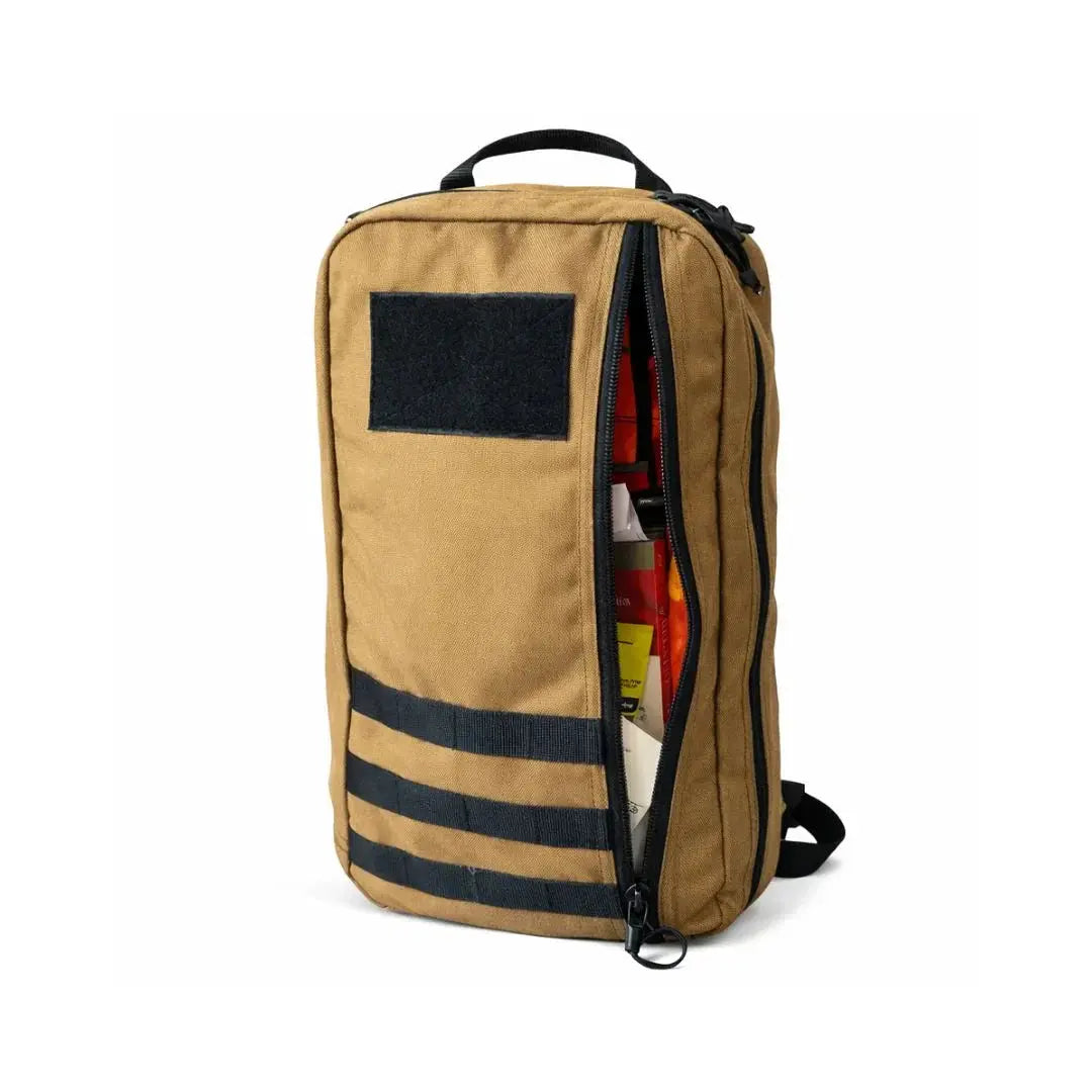Tan 24 Hour backpack with main compartment open, showing hi-vis orange interior.