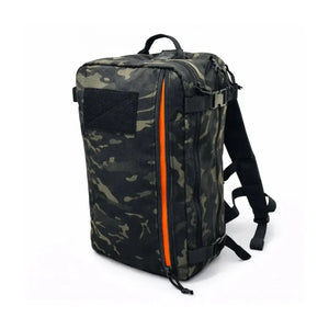 Multicam camouflage backpack with orange zipper and black straps