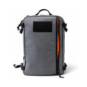 Gray backpack with an open bright orange zipper pocket on the side.