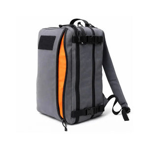 Grey 24 Hour Plus backpack with orange interior, black zippers, and buckles.
