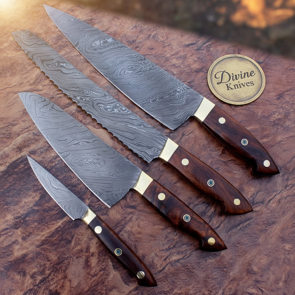 Rosewood Damascus Brisket Chef Knife Set by Divine Knives