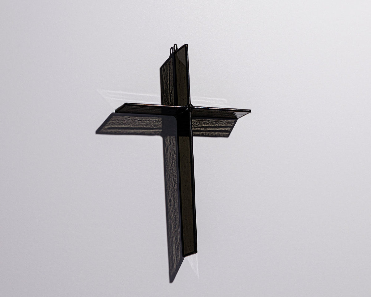 Alternate view of Ink Black Cross Suncatcher with real stained glass and black patina