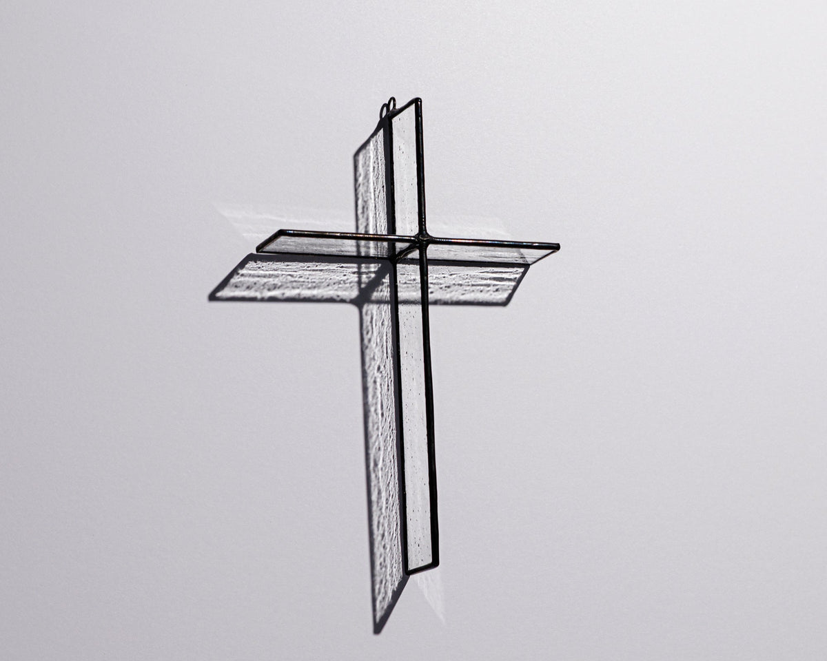 Alternate view of Antique Clear Cross Suncatcher with real stained glass and black patina