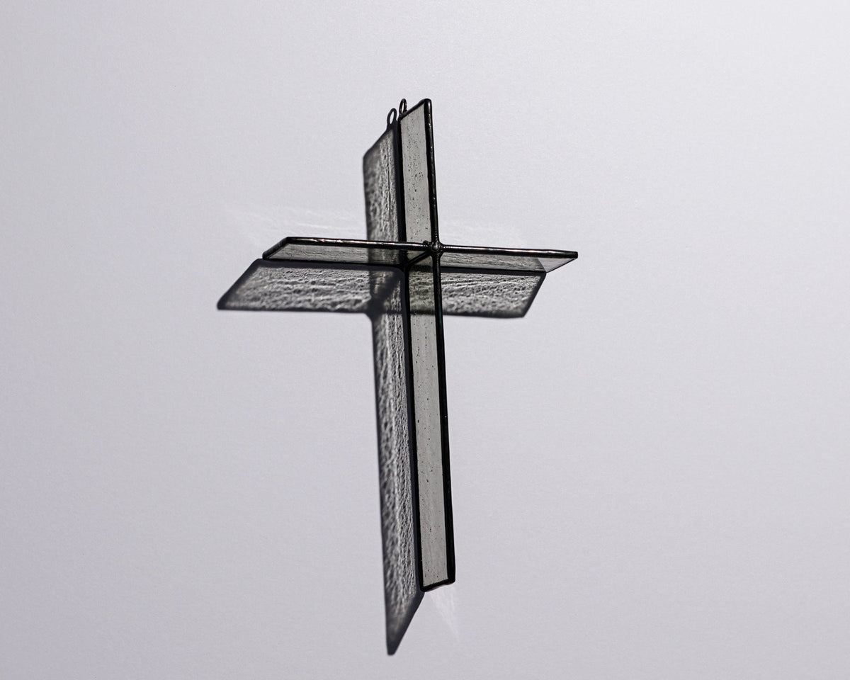 Alternate view of Cloud Grey Cross Suncatcher with real stained glass and black patina
