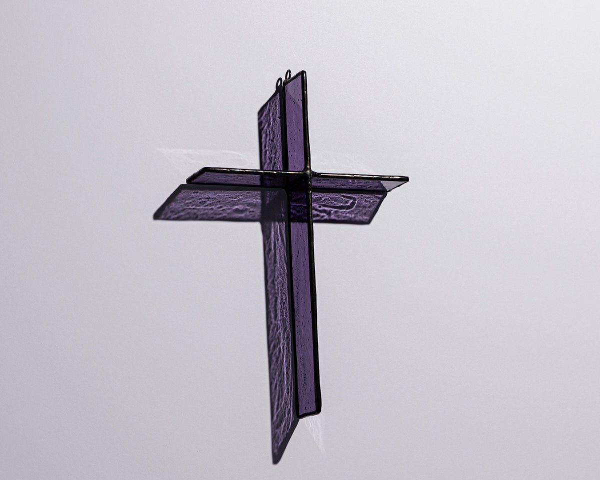 Alternate view of Evening Plum Cross Suncatcher with real stained glass and black patina