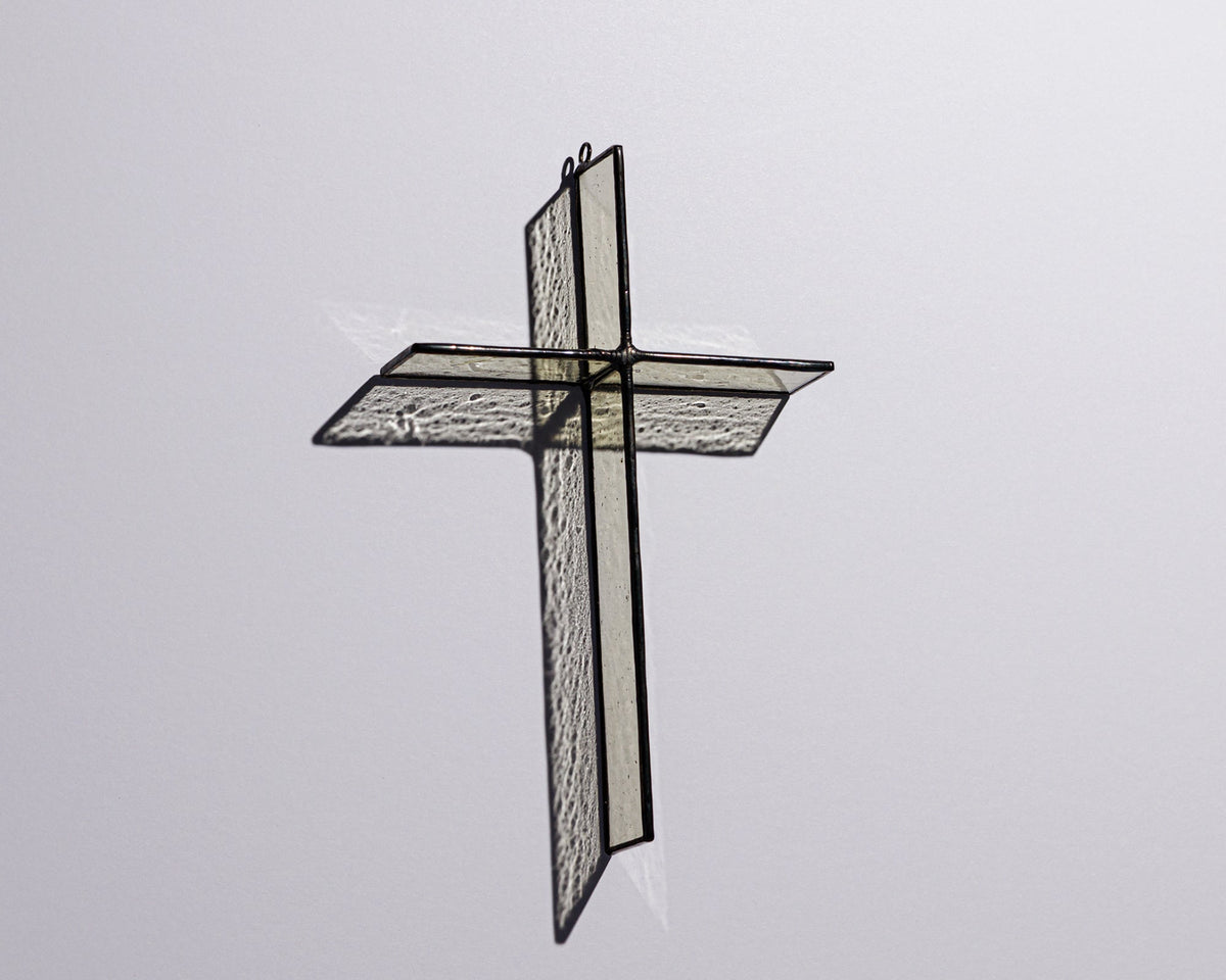 Alternate view of Wheat Mist Cross Suncatcher with real stained glass and black patina