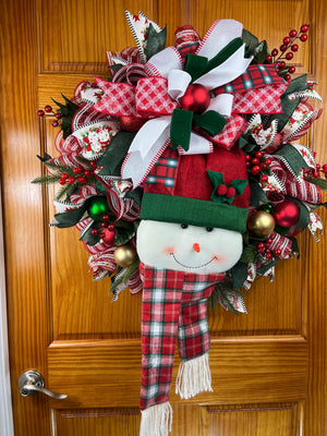 Snowman Christmas Wreath | Plaid Hat & Festive Ribbons by Bouge Creations, view 3