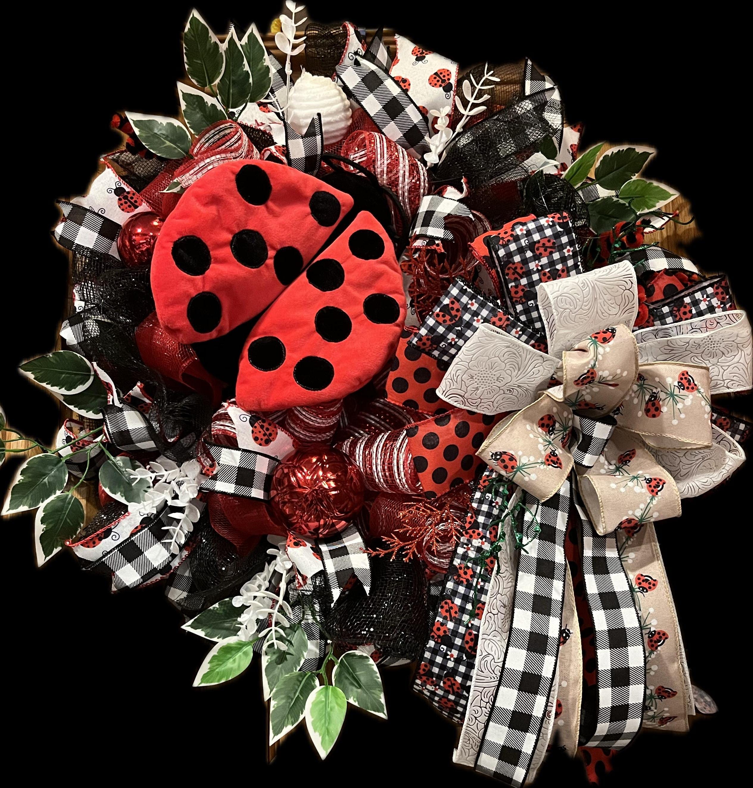 Ladybug Spring Wreath | Red & Black Mesh Door Decor by Bouge Creations, view 2