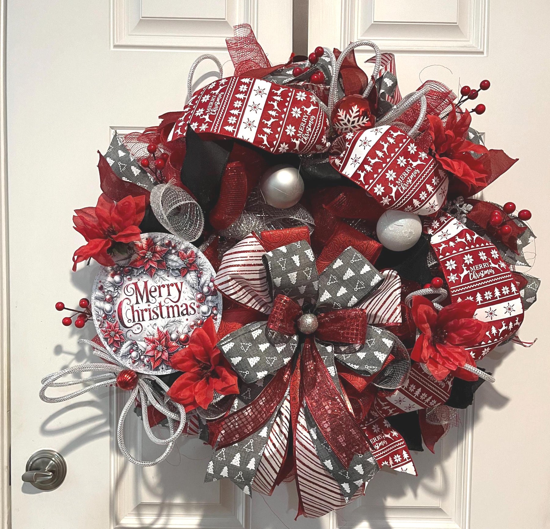 Red Poinsettia Christmas Wreath | Gold Plaid Door Decor by Bouge Creations, view 7