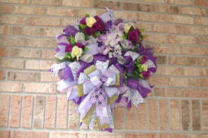 Purple Floral Wreath | Silk Flower Front Door Decor by Bouge Creations, view 7