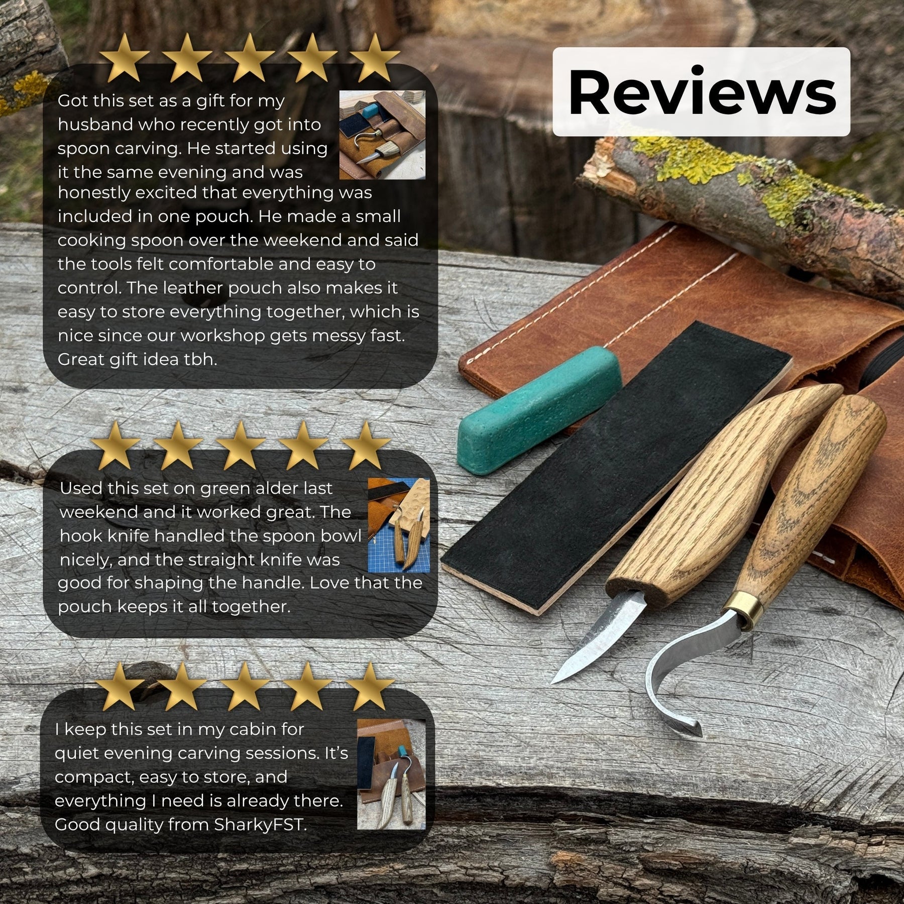 3-Piece Spoon Carving Set – Whittling Knife, Hook Knife & Sharpening Strop