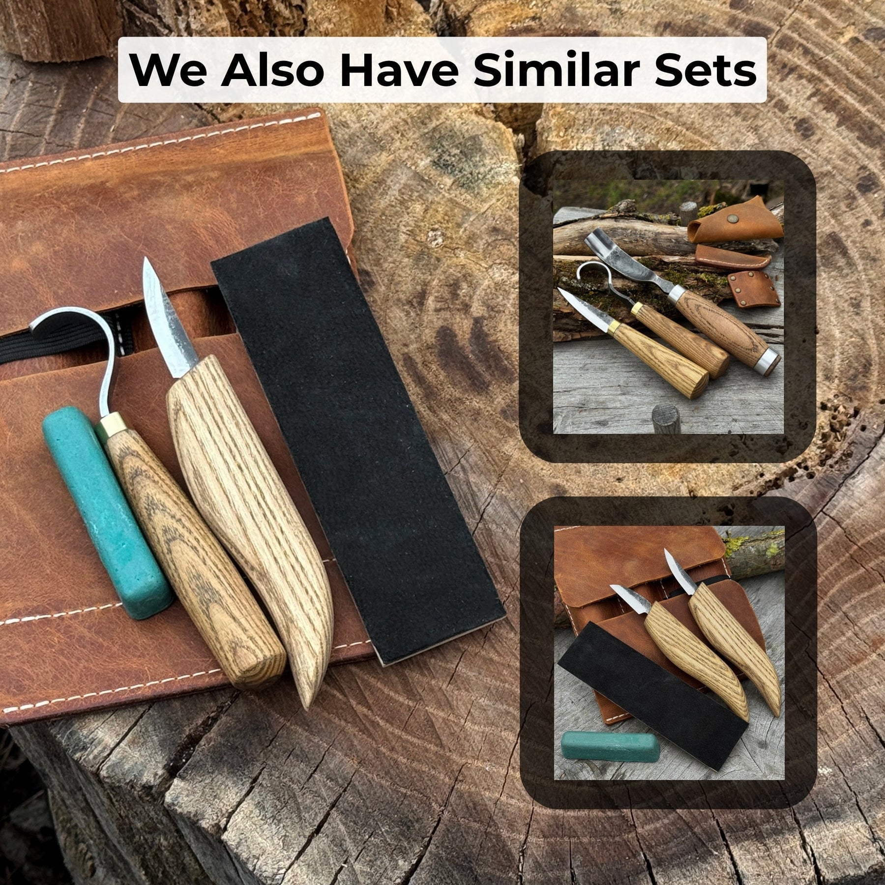 3-Piece Spoon Carving Set – Whittling Knife, Hook Knife & Sharpening Strop