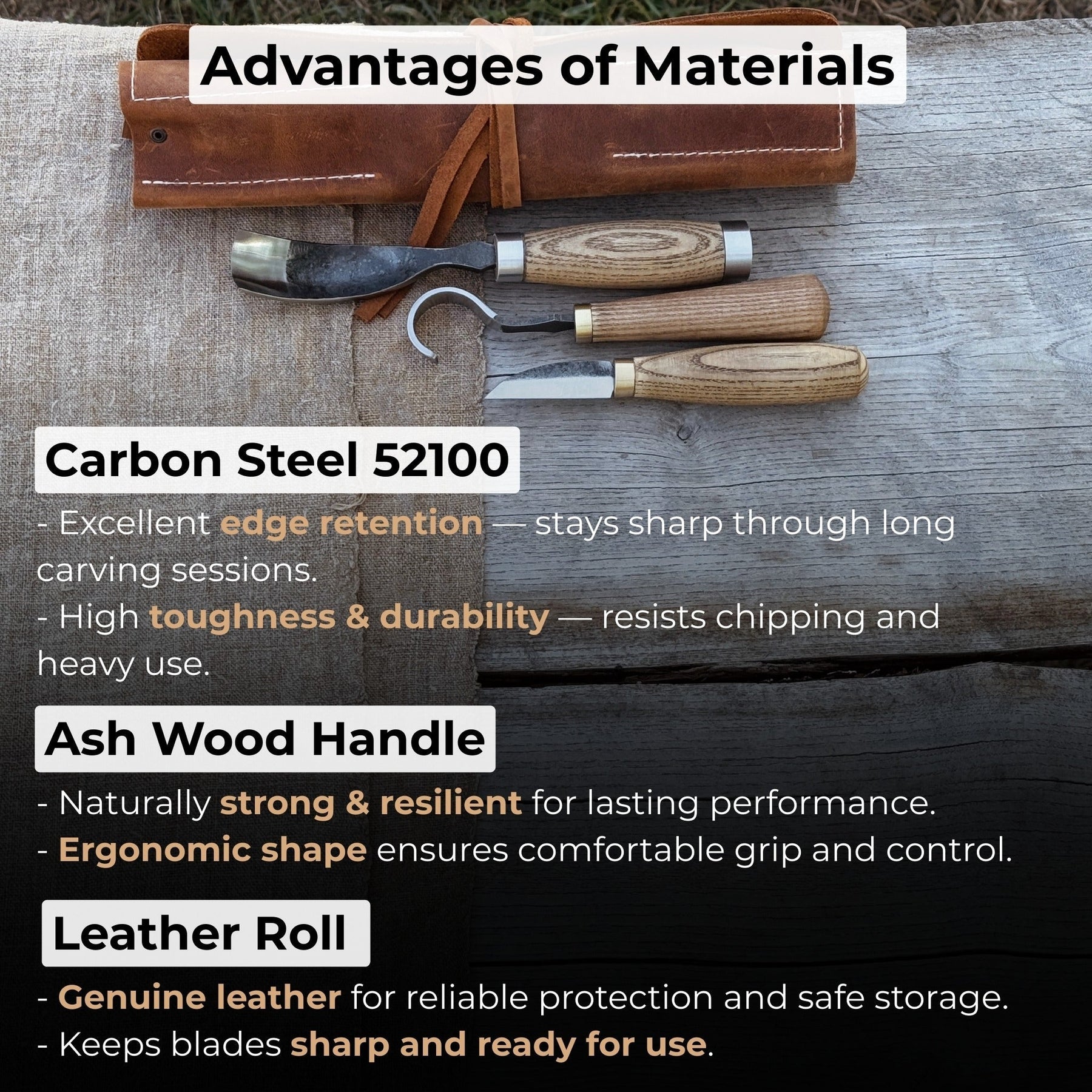 3-Piece Spoon Carving Set with Leather Roll