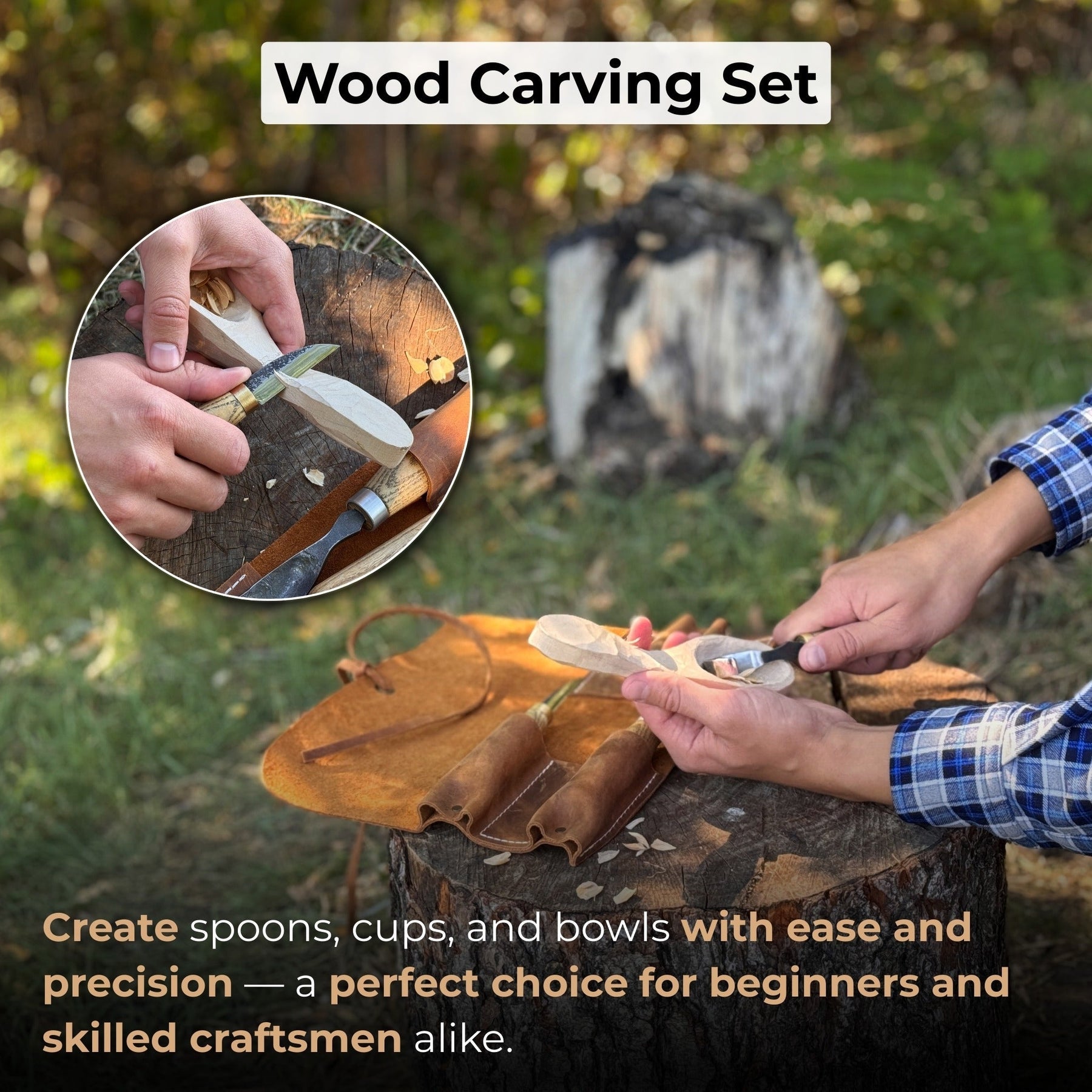 3-Piece Spoon Carving Set with Leather Roll