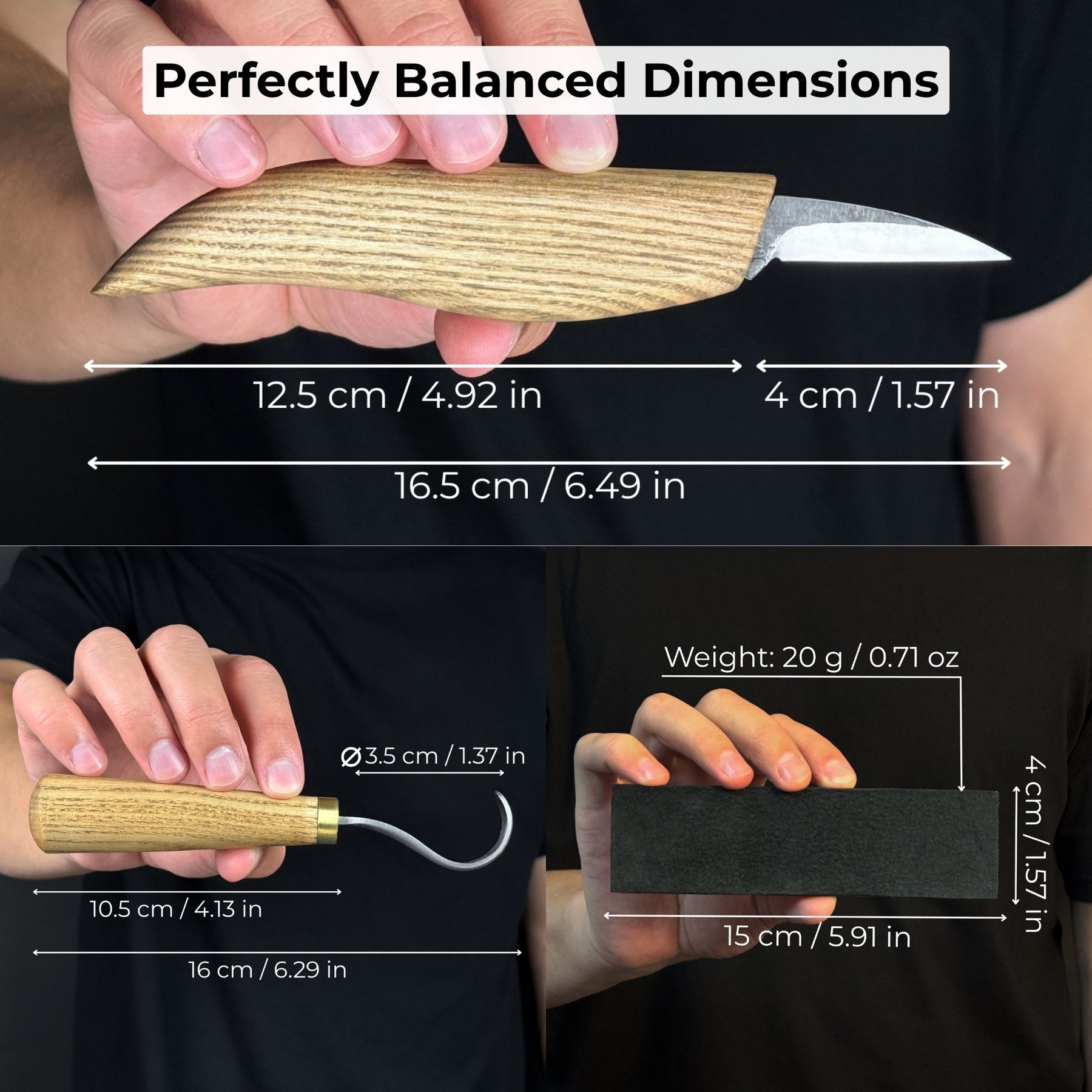 3-Piece Wood Carving Knife Set – Whittling Knife, Hook Knife & Leather Strop