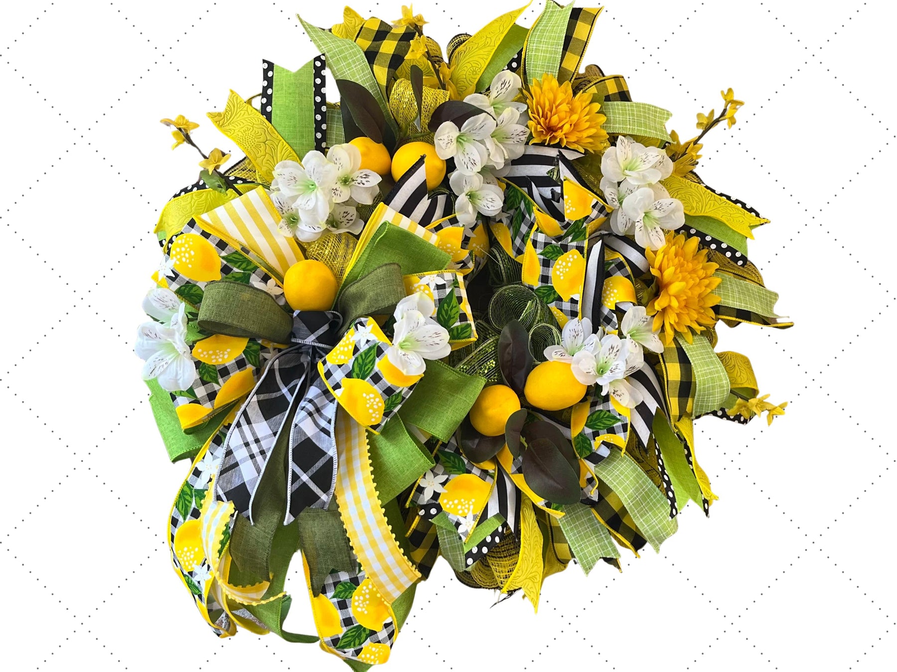 Lemon Summer Wreath | Yellow Floral Gingham Door Decor handmade by Bouge Creations