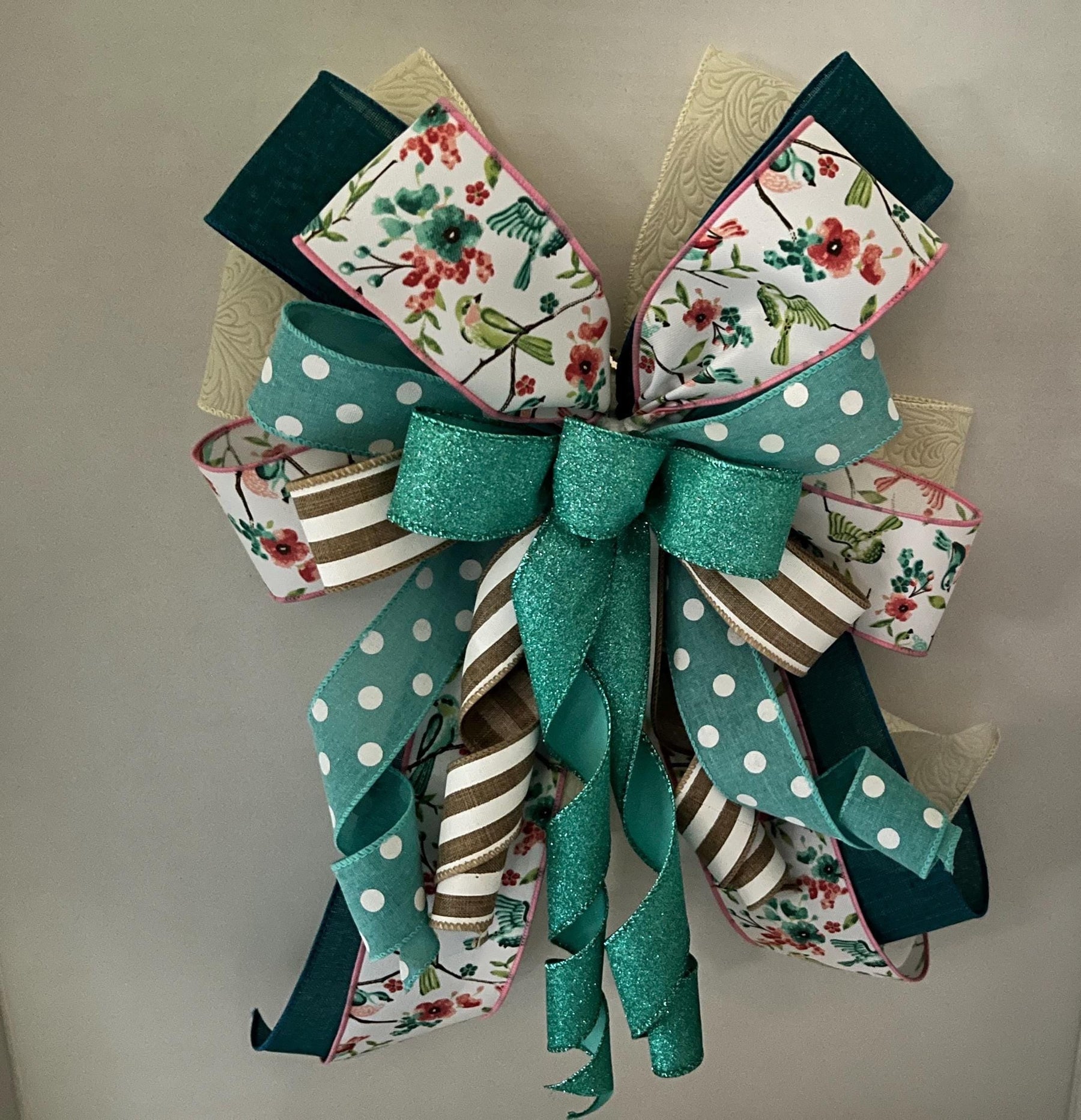 Teal Garden Bloom Bow | Floral Bird Wreath Accent handmade by Bouge Creations