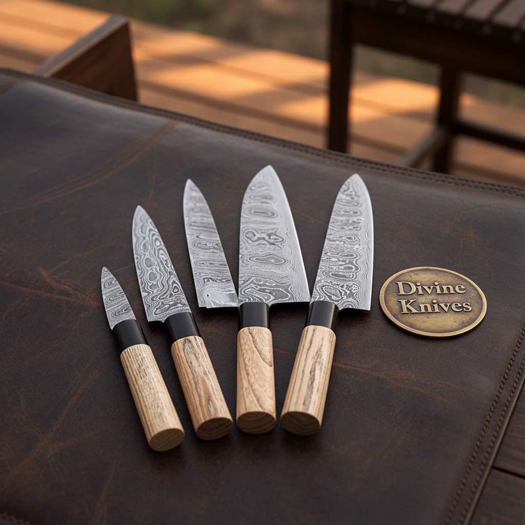 Wa Handle Santoku Knife Set of 4 with Layered Steel Blades and Horn Ferrules by Divine Knives