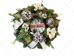 Farmhouse Welcome Wreath | Black & White Buffalo Plaid handmade by Bouge Creations