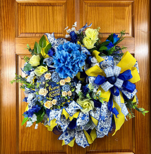 Blue & Yellow Welcome Wreath | Gingham Front Door Decor by Bouge Creations, view 6