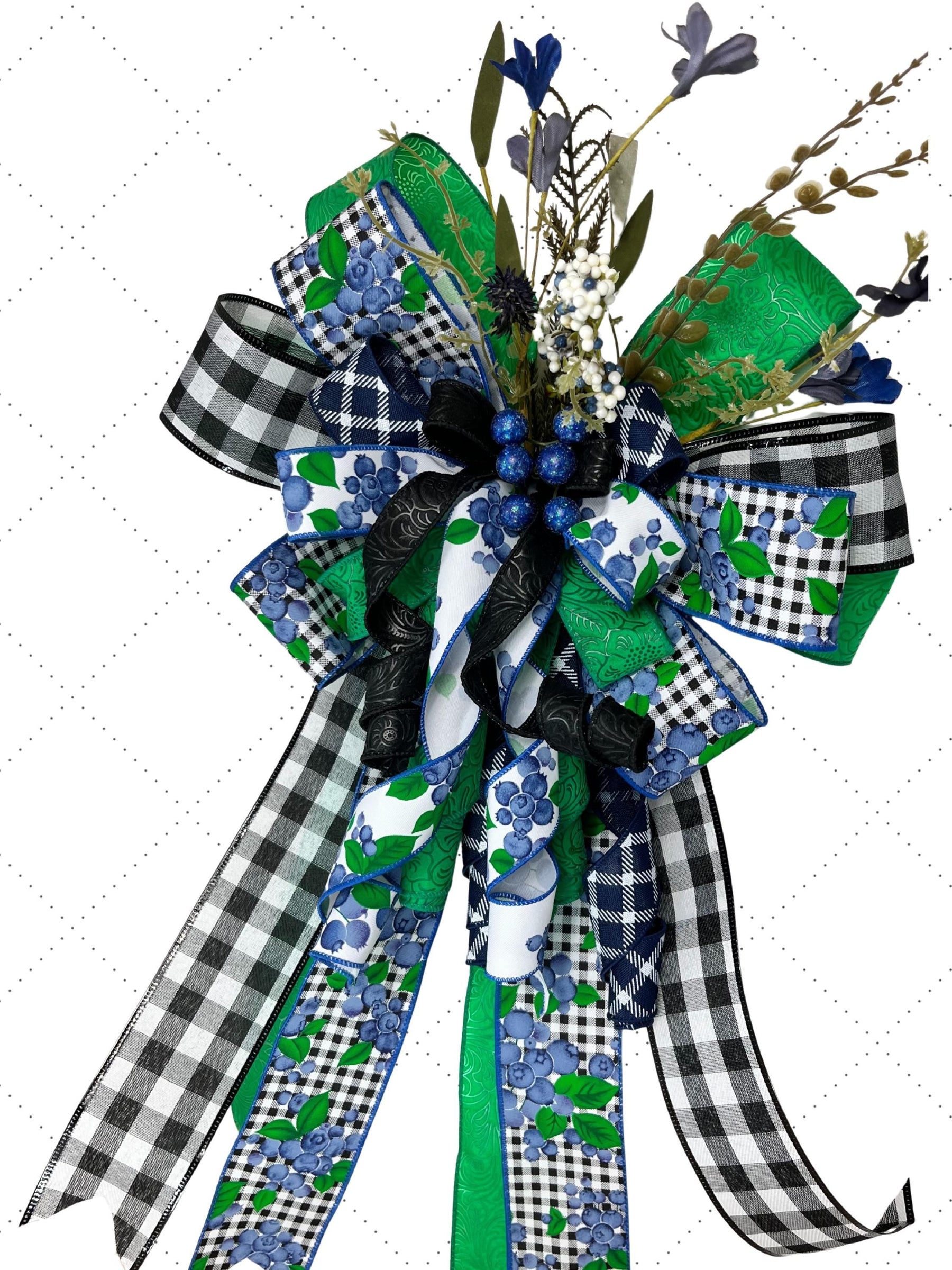 Blueberry Wreath Bow | Green Plaid & Gingham Decor by Bouge Creations, view 3