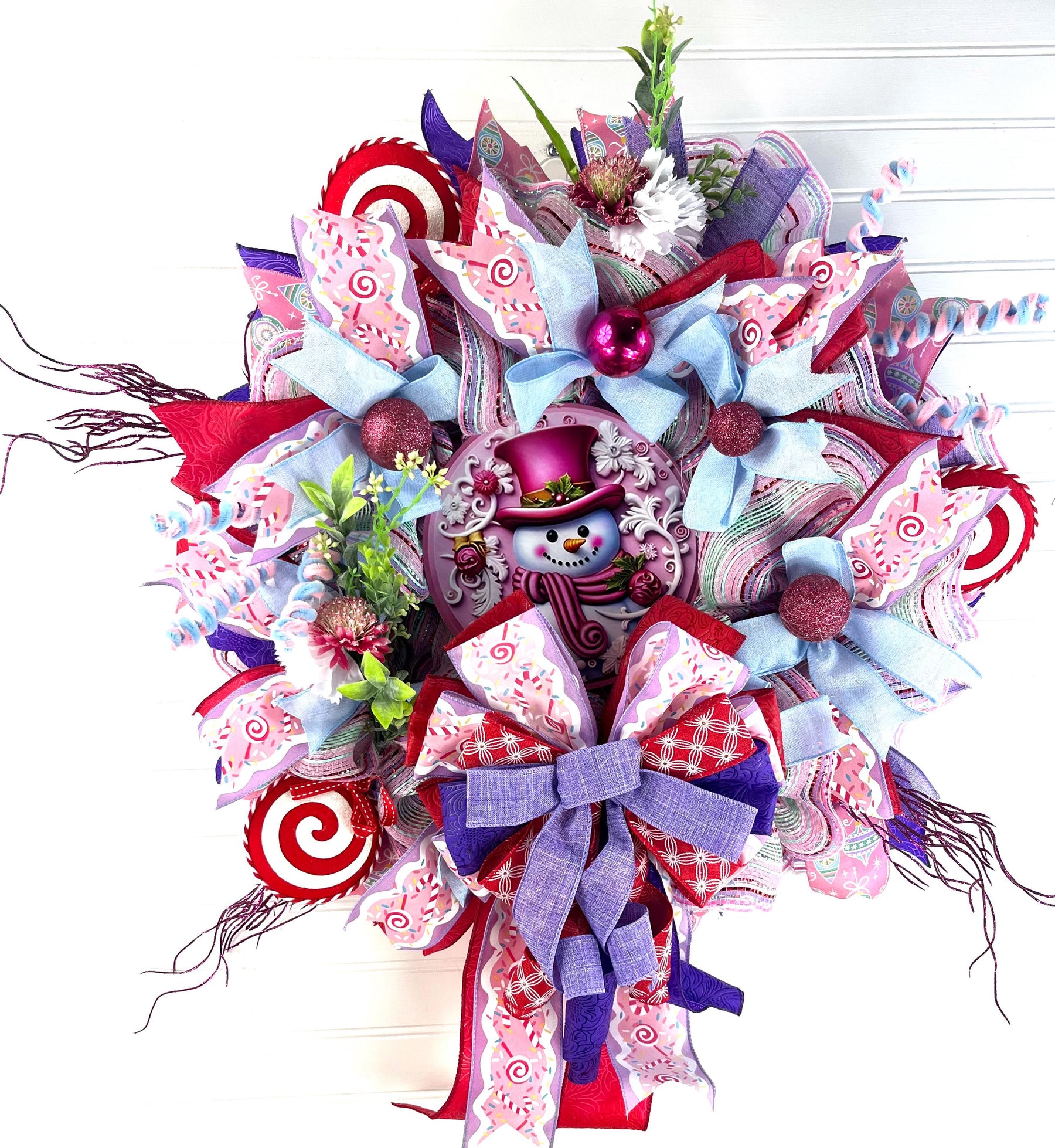 Pink Snowman Christmas Wreath | Blue & Pink Door Decor by Bouge Creations, view 5