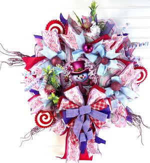 Pink Snowman Christmas Wreath | Blue & Pink Door Decor by Bouge Creations, view 5