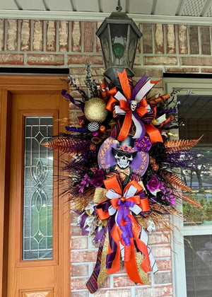Mr. Skelly Halloween Wreath | Orange, Black & Purple by Bouge Creations, view 2