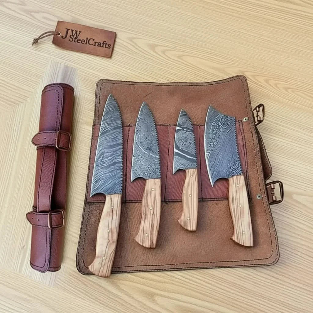 Handmade damascus steel knife with wood handle on dark surface
