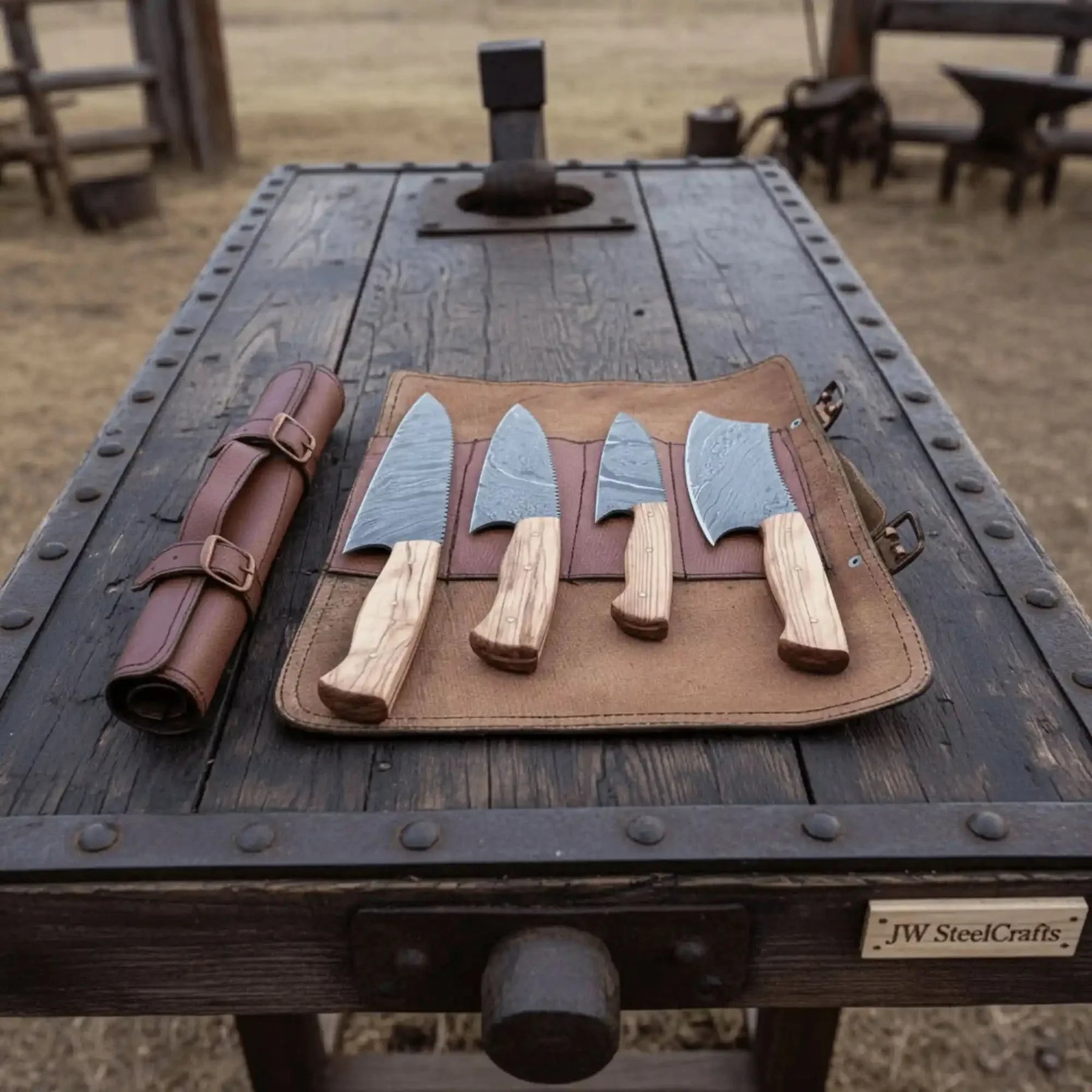 4 Piece Damascus Kitchen Knife Set with Olive Wood Handles and Leather Roll, Chef Santoku Utility and Cleaver Handmade Cooking Knives
