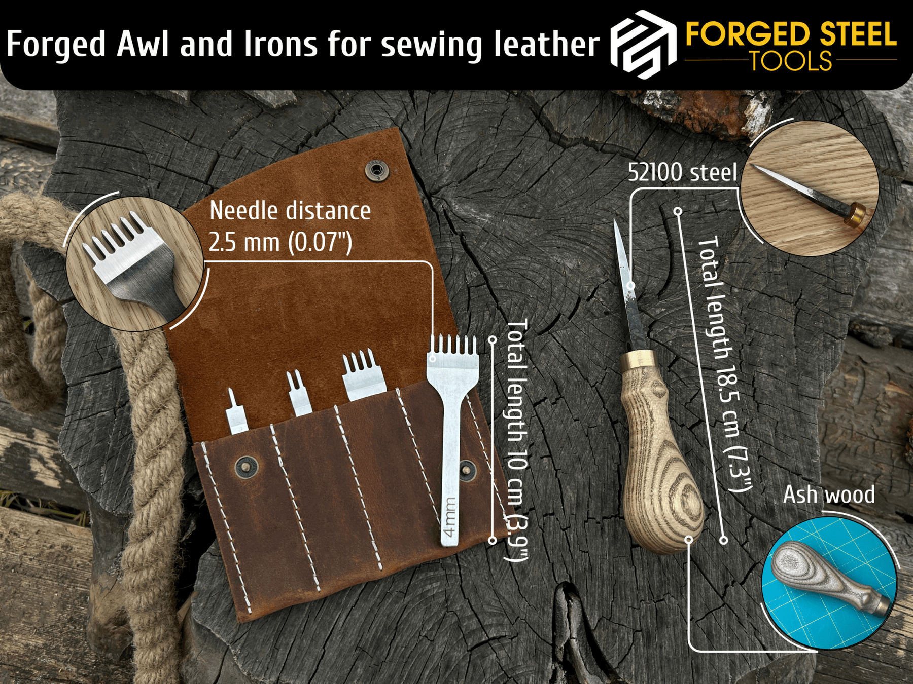 4-Piece Diamond Style Leather Pricking Iron and Hand-Forged Awl