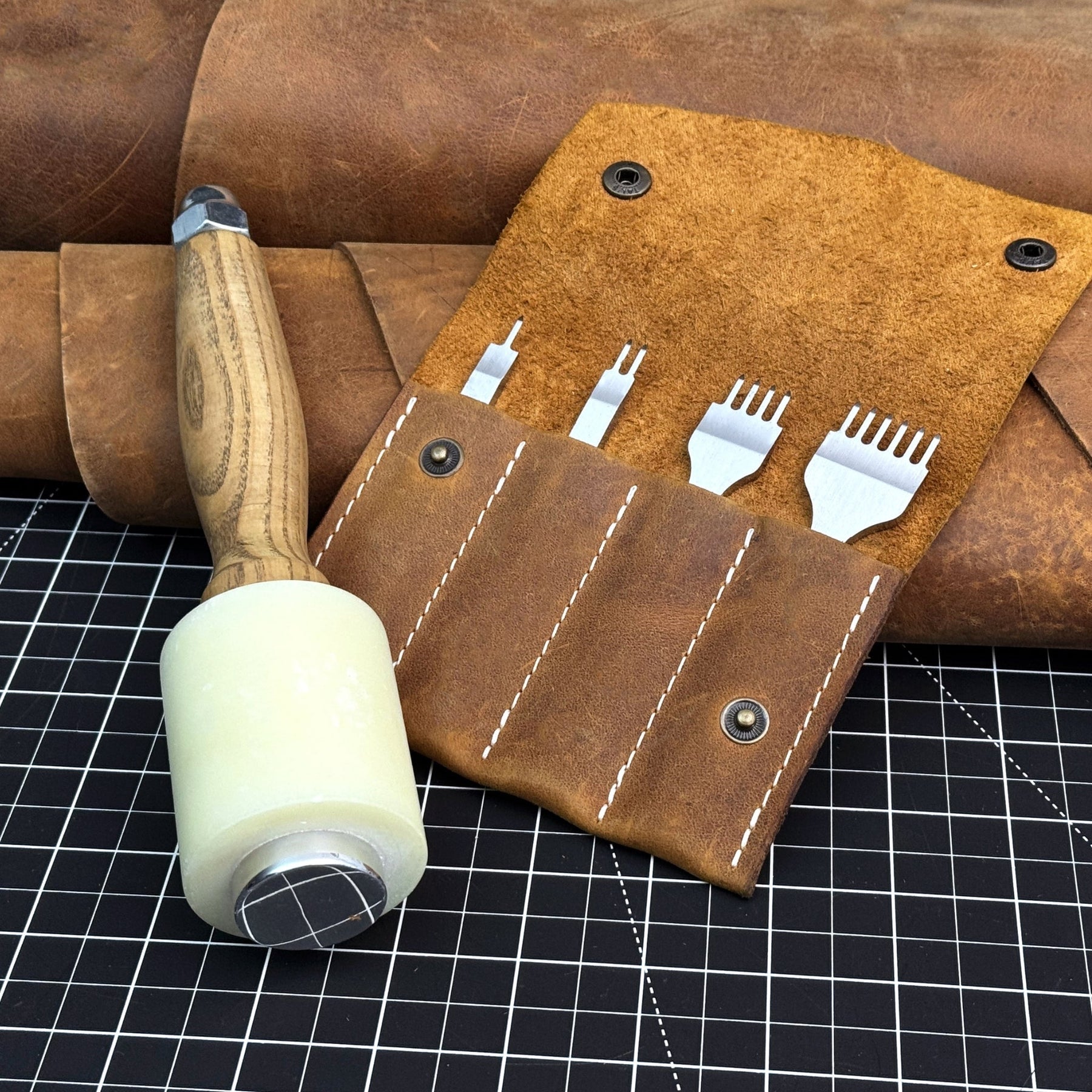 4-Piece Diamond Style Leather Pricking Iron and Leather Nylon Hammer
