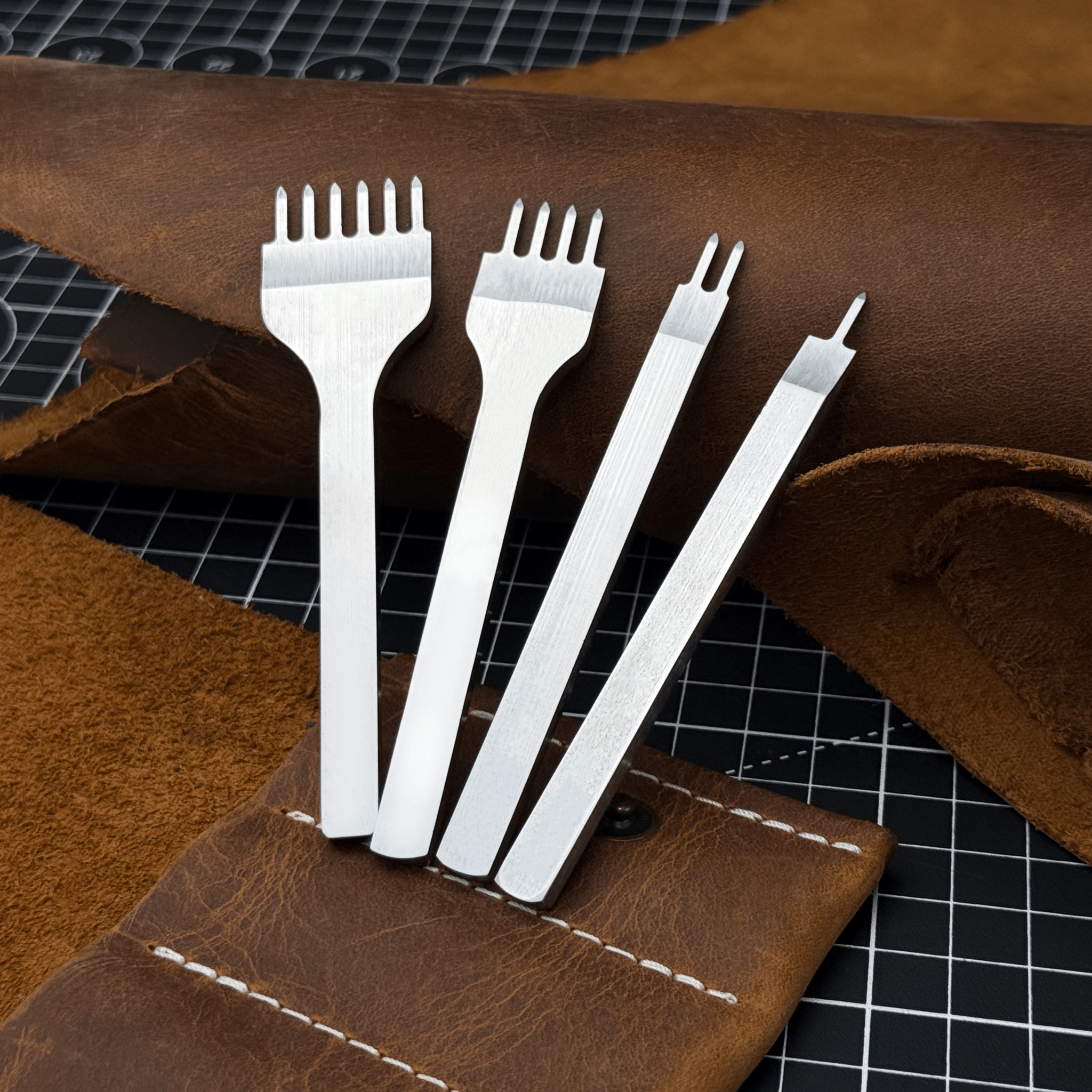 4-Piece Diamond Style Leather Pricking Iron Set, 1, 2, 4, 6 Prongs