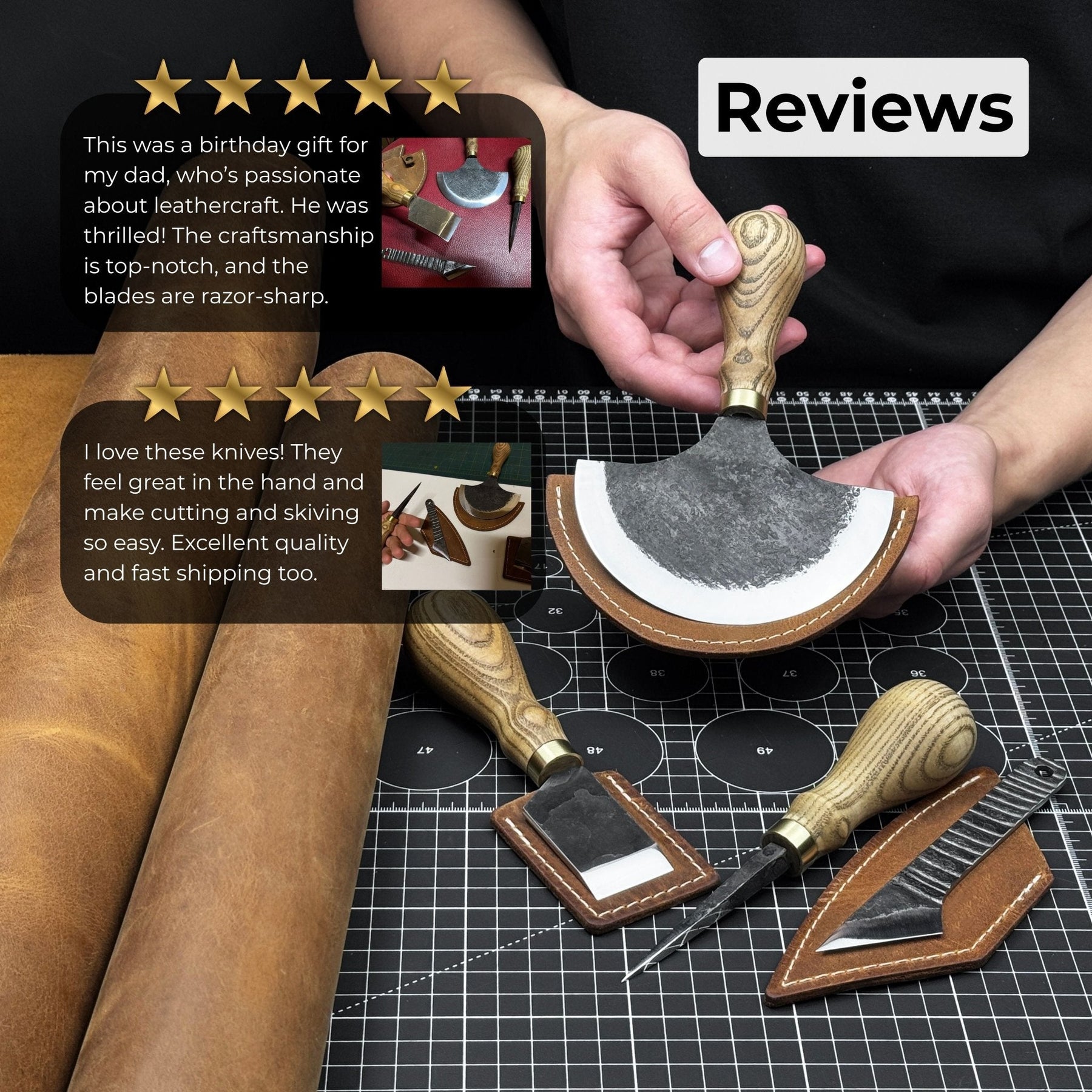 4-Piece Leather Tool Set with Leather Sheaths