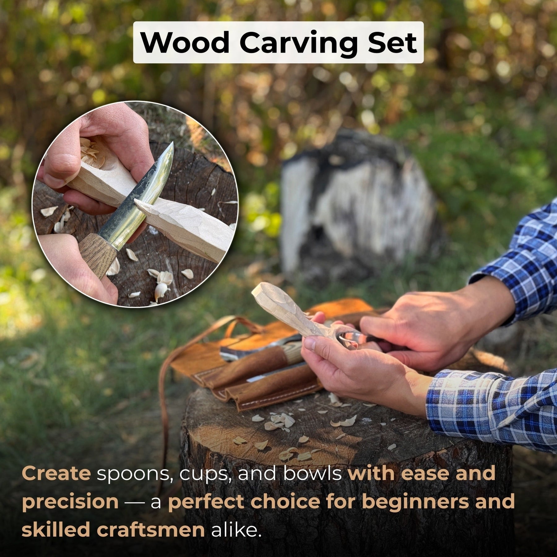 4-Piece Spoon Carving Tool Set with Leather Roll