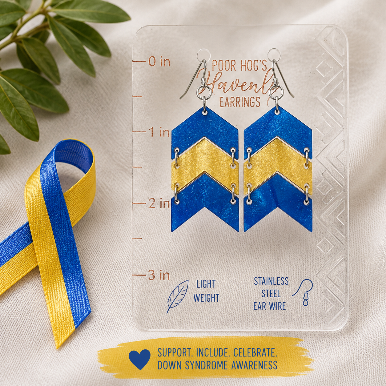 Blue Yellow Chevron Earrings, Down Syndrome Awareness Jewelry