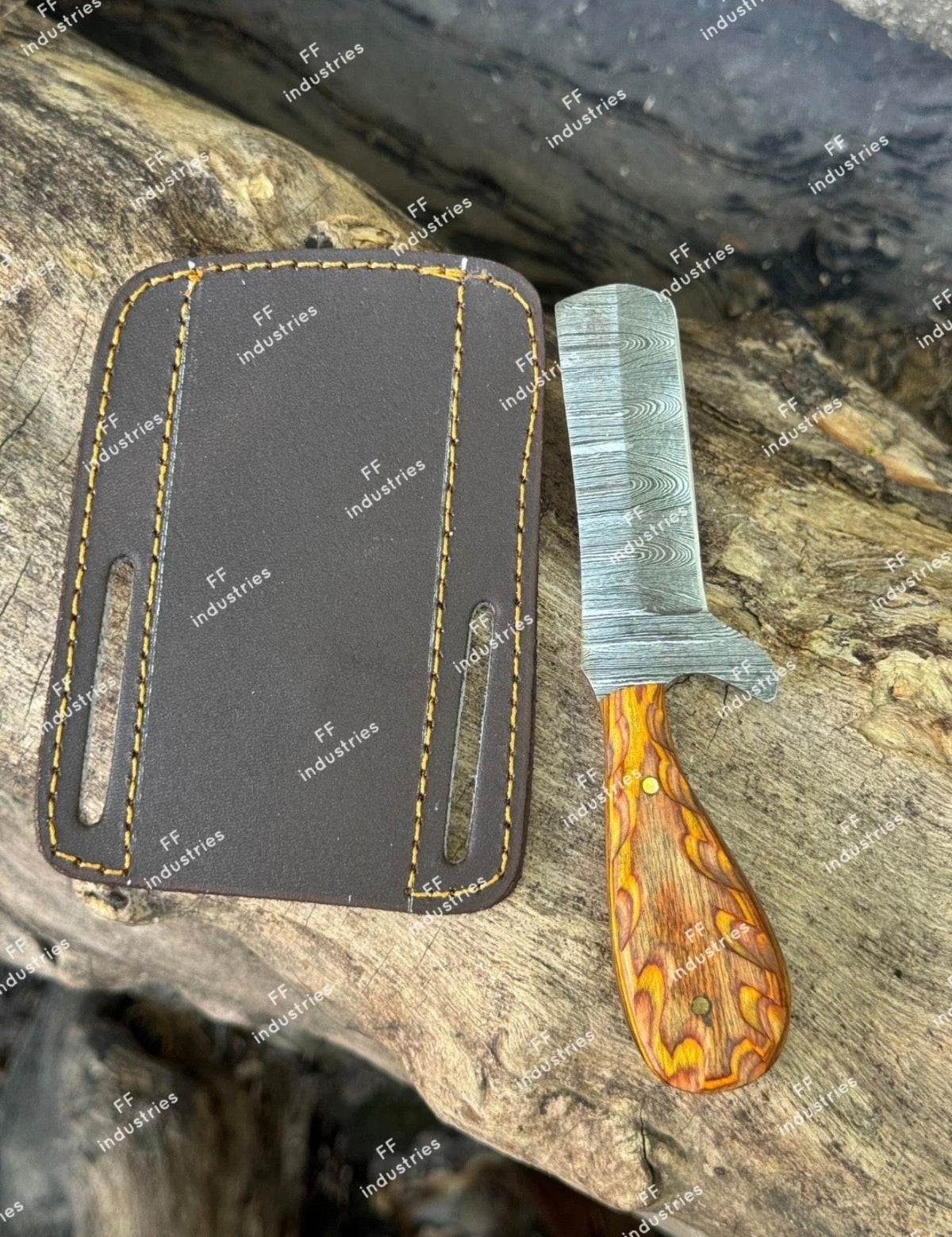 Painted Feather Bull Cutter Knife 7" Handmade Damascus Amber Resin Handle by JW SteelCrafts