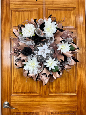 Black & Champagne Dahlia Wreath | Glam Front Door Decor by Bouge Creations, view 3
