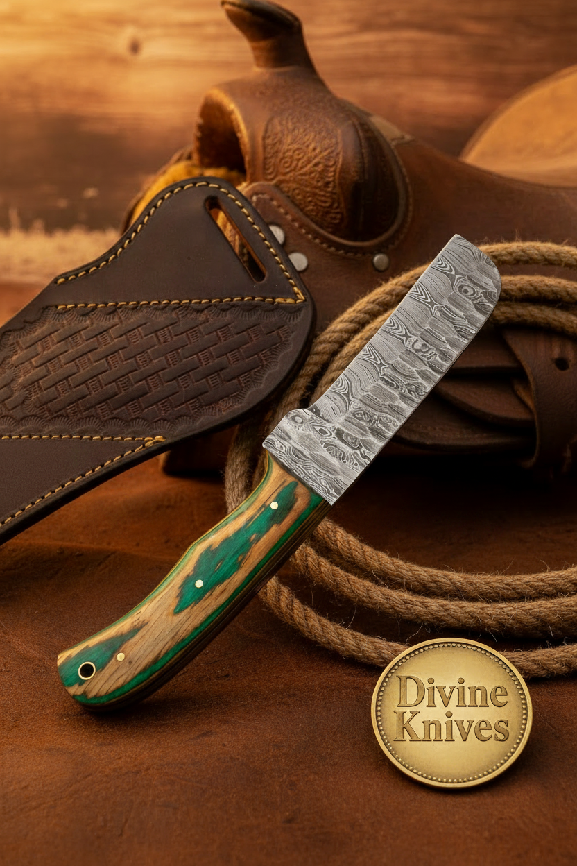 Wawona Cowboy Bull Cutter Knife with Squared Damascus Blade