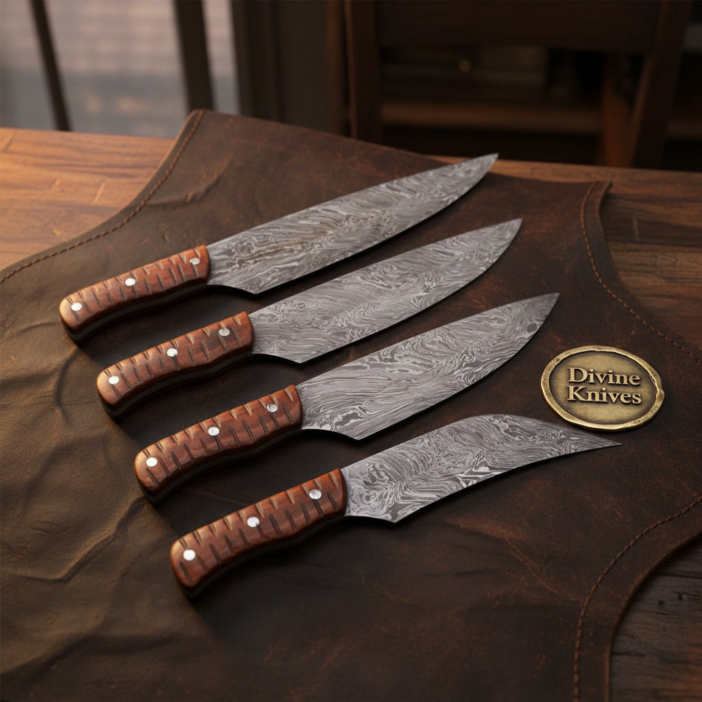 Rosewood Handle Chef Knife Set of 4 with Hand Forged Patterned Steel Blades by Divine Knives