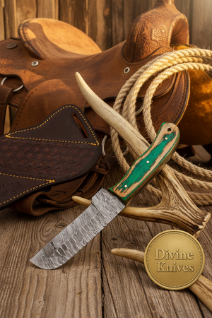 Wawona Cowboy Bull Cutter Knife with Squared Damascus Blade
