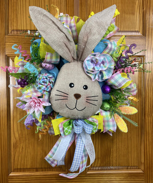 Burlap Bunny Easter Wreath | Pastel Spring Door Decor handmade by Bouge Creations