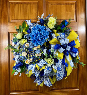Blue & Yellow Welcome Wreath | Gingham Front Door Decor by Bouge Creations, view 7
