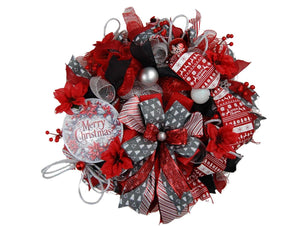 Red Poinsettia Christmas Wreath | Gold Plaid Door Decor by Bouge Creations, view 4
